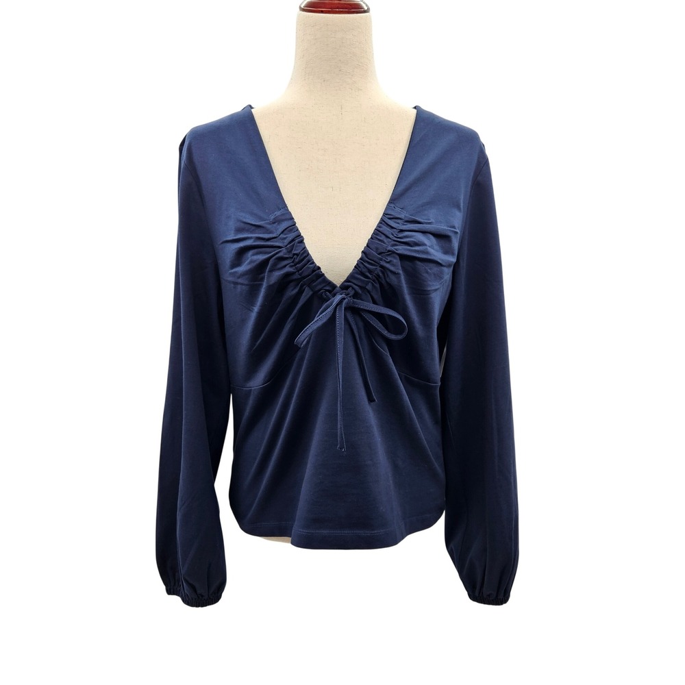Loft Navy Blue Cinched Tie Front V-Neck Balloon Sleeve Top NWT Large 40205939